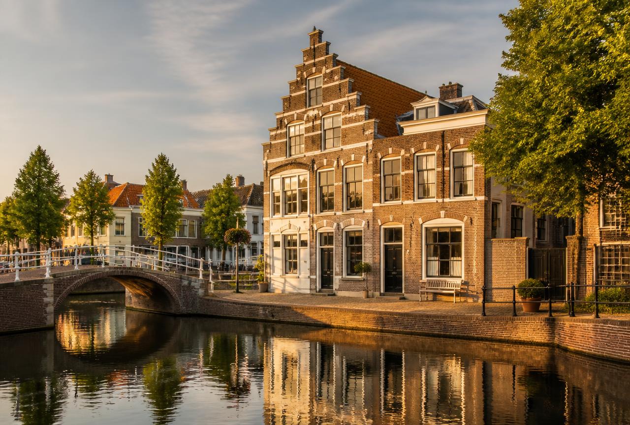Monumentale woning aan een gracht in de Goudse binnenstad, in warm middaglicht